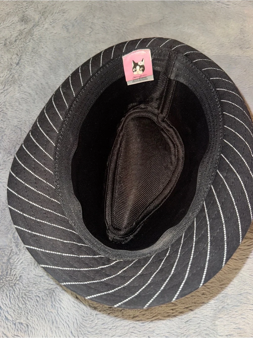 Black Pinstripe Fedora Hat with Embroidered Crest